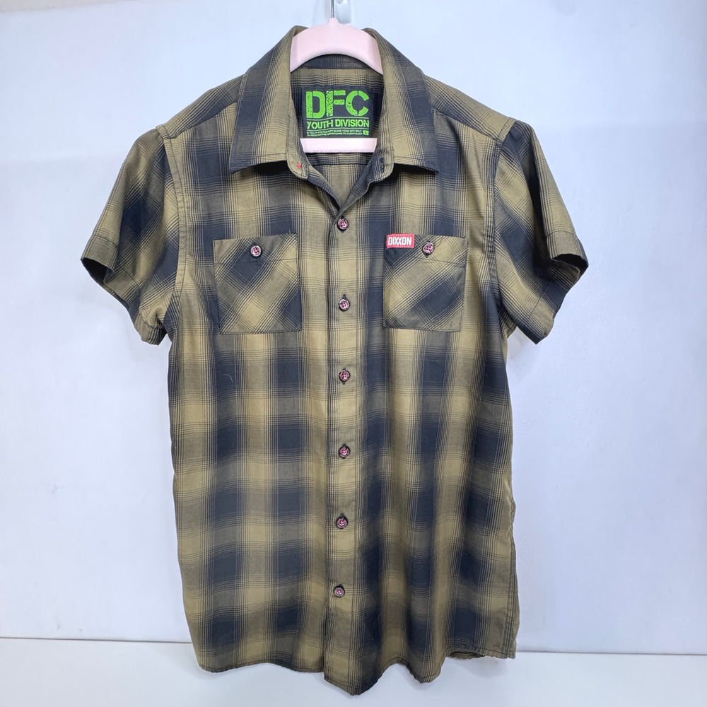 DIXXON DFC Youth Boys Short Sleeve Button Up‎ Shirt LG Plaid Dk Green Black